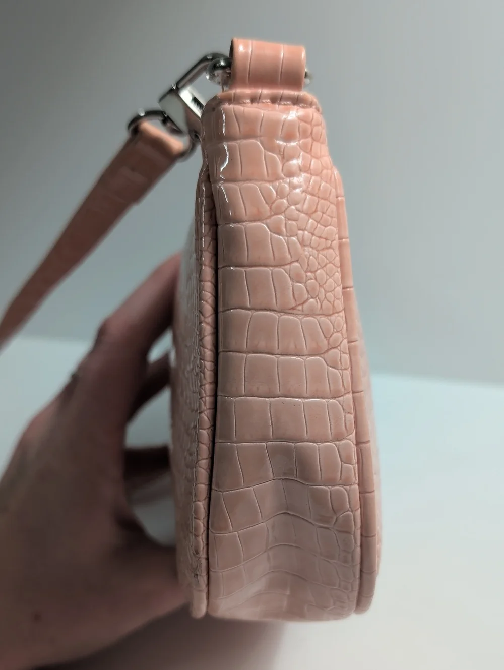 Light Pink Croc-Embossed Baguette Shoulder Bag Crossbody